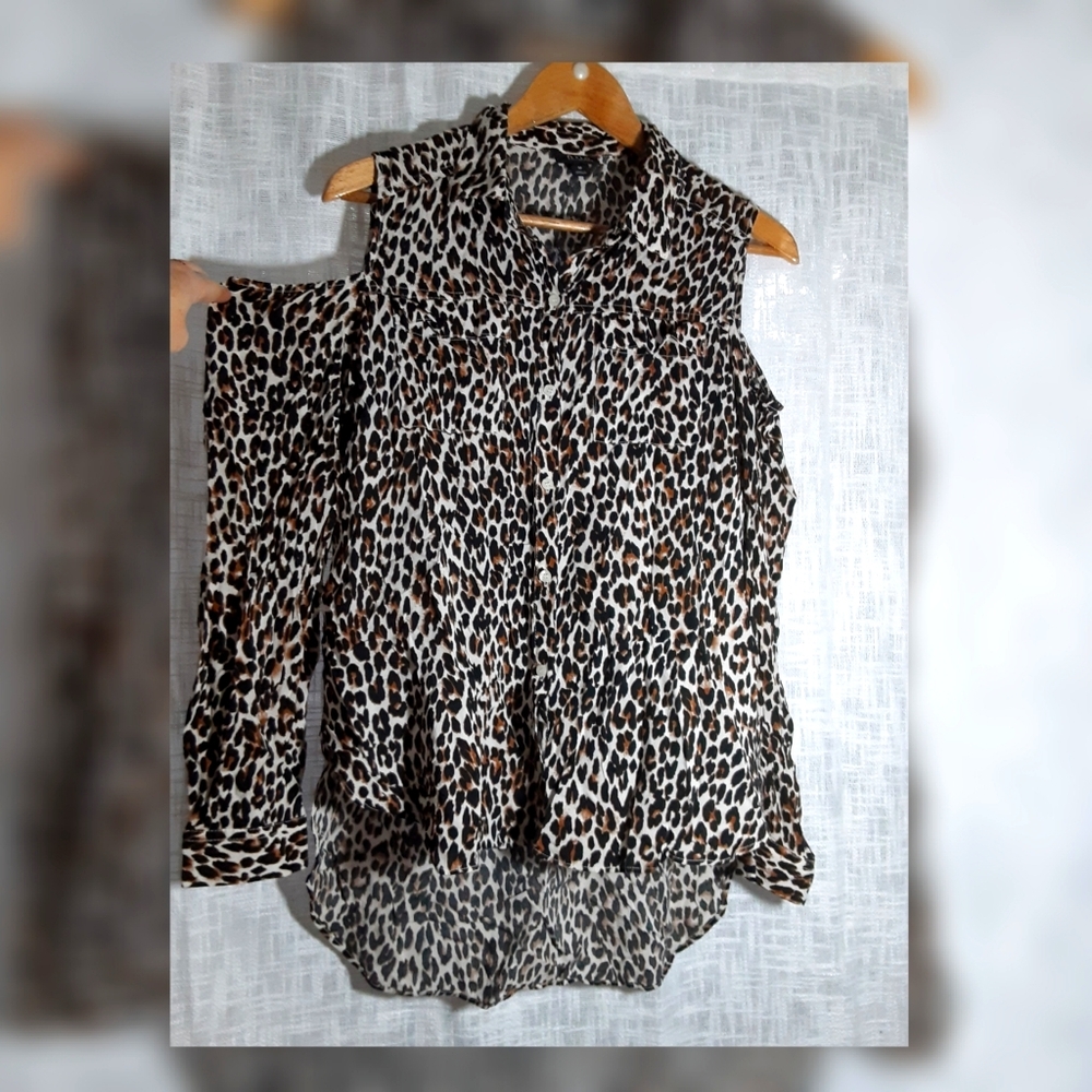 A.N.A. Cold Shoulder Leopord Button Blouse